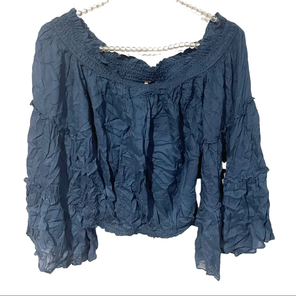 Free People Size Small Smocked Off Shoulder Free Spirit‎ Bell Sleeve Top